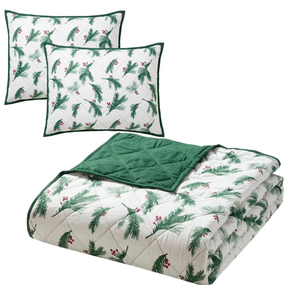 Copied - Hallmark Flannel 3 Piece Quilt Set Queen Size Winter Berries NEW